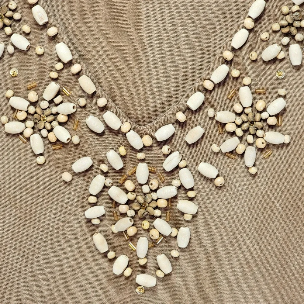 Allison Taylor Linen Tank‎ Top Womens L Beaded Sequin Tank Top Neutral Natural - Picture 2 of 12